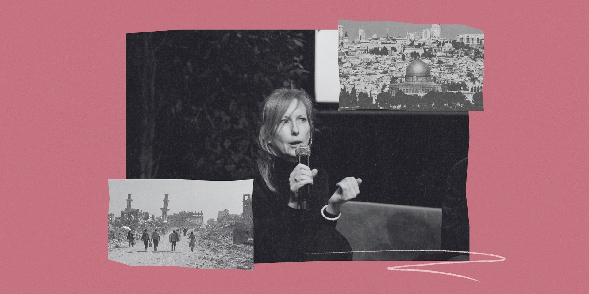 Collage met portretfoto van Tine Danckaers en stadszicht van Gaza en Jeruzalem