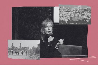 Collage met portretfoto van Tine Danckaers en stadszicht van Gaza en Jeruzalem