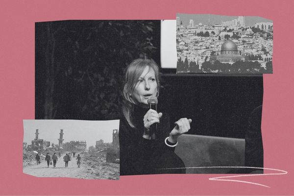 Collage met portretfoto van Tine Danckaers en stadszicht van Gaza en Jeruzalem