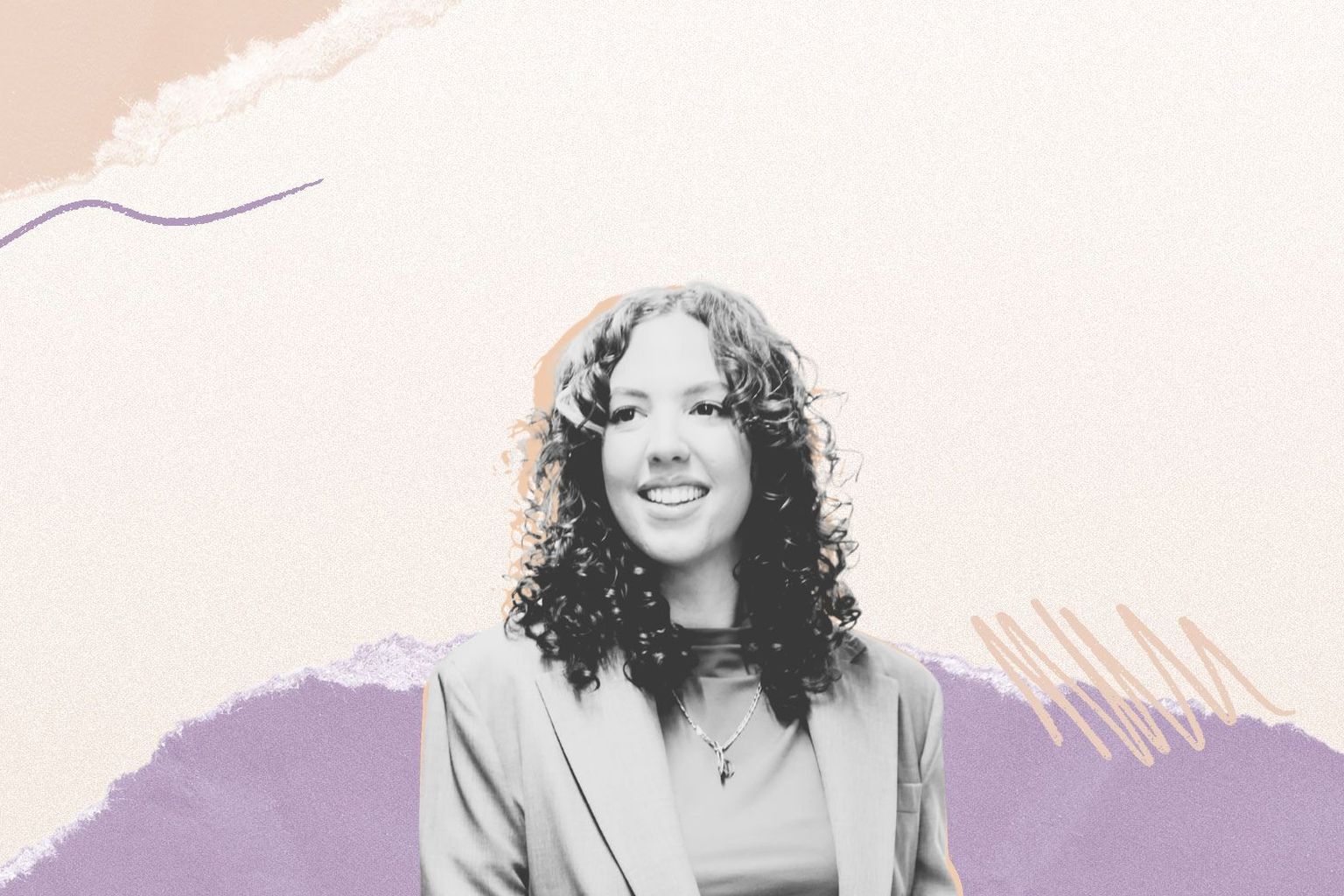 A woman with curly hair smiles, set against a pastel background with abstract patterns and torn paper textures.