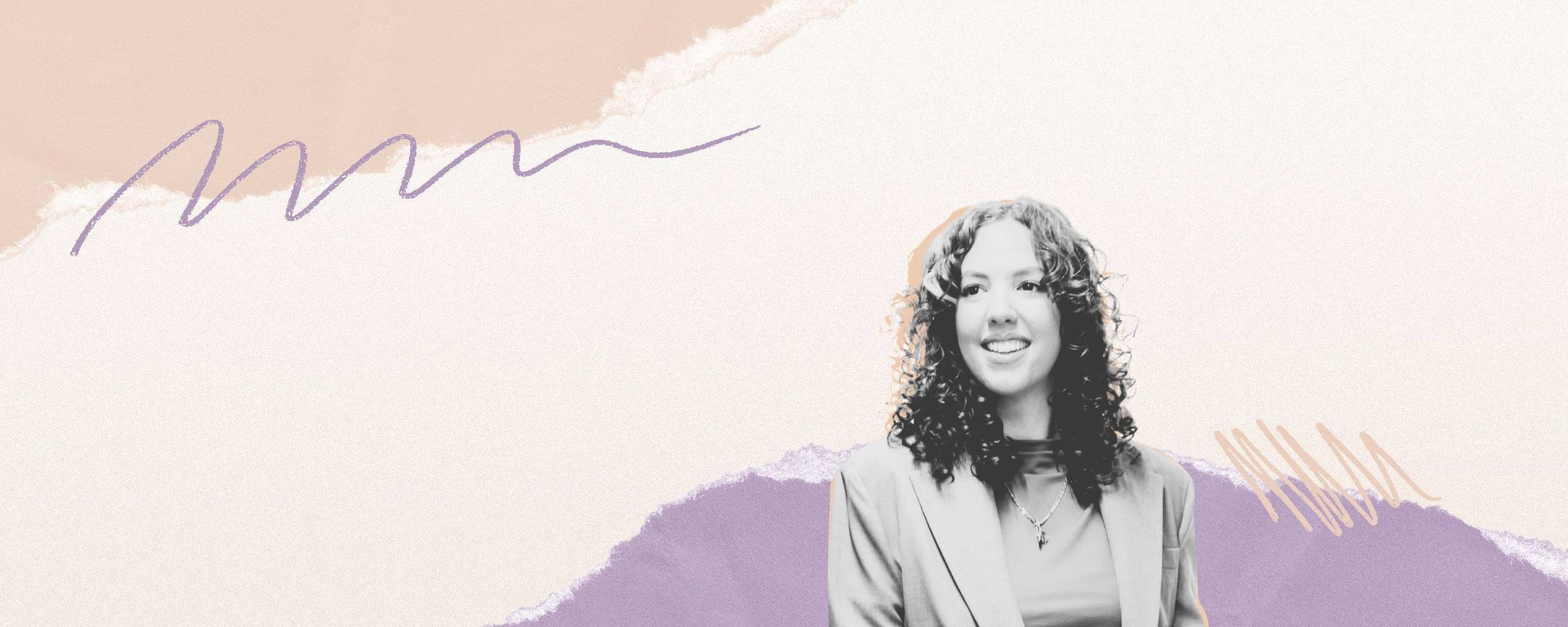 A woman with curly hair smiles, set against a pastel background with abstract patterns and torn paper textures.