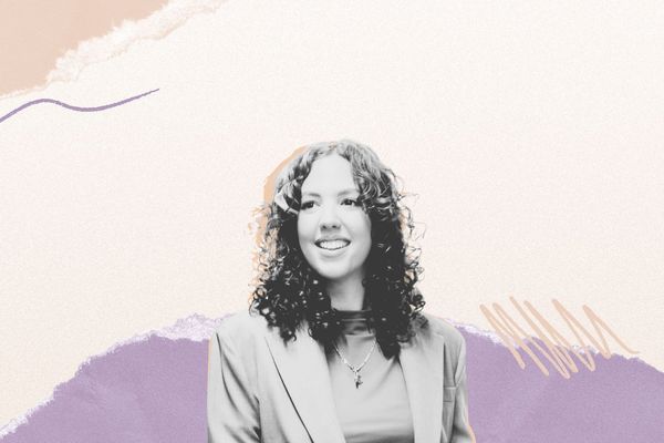A woman with curly hair smiles, set against a pastel background with abstract patterns and torn paper textures.