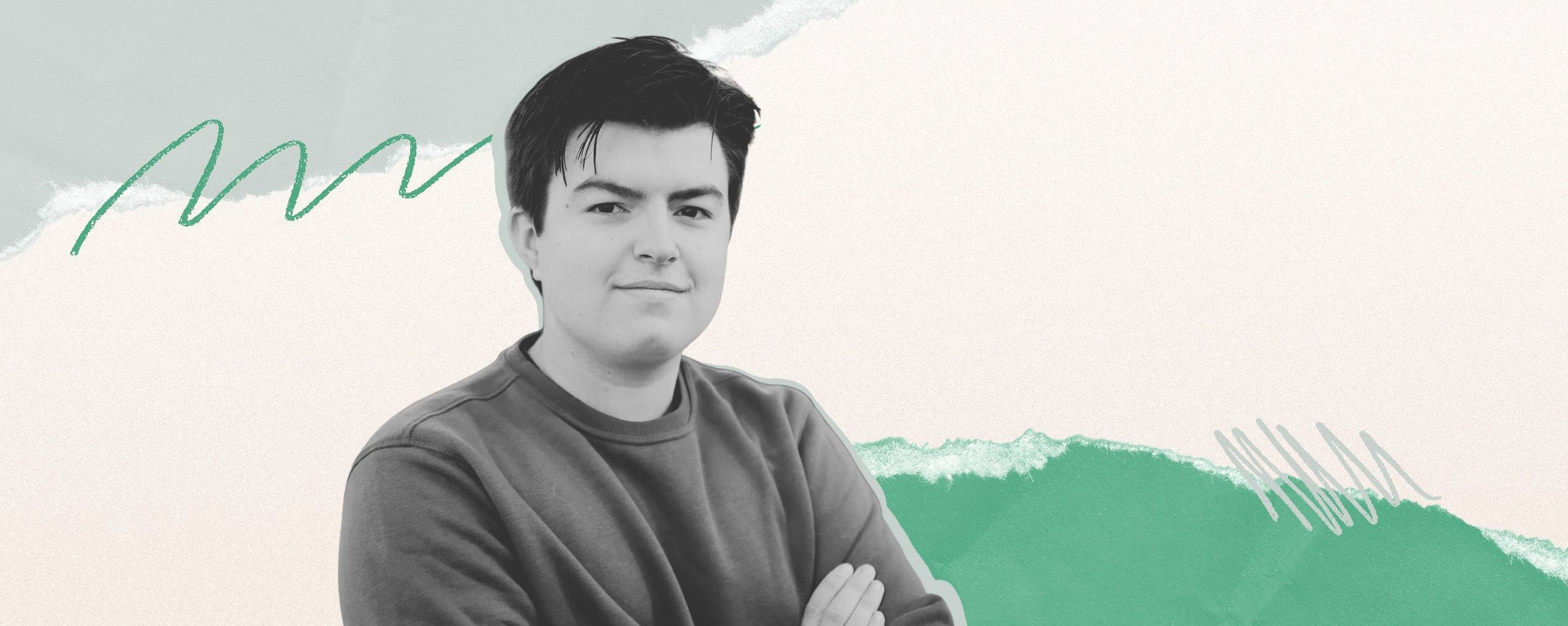 A person with short dark hair wearing a sweatshirt, standing against an abstract background with green and white elements.