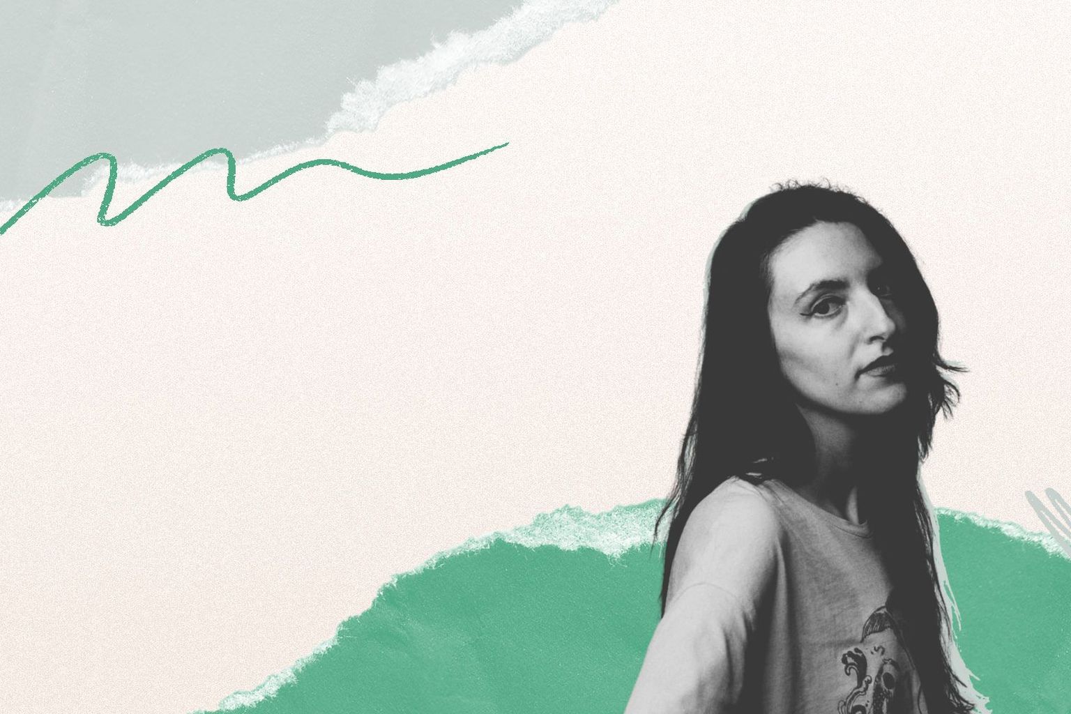 A woman in a grayscale portrait with abstract, layered green and cream backgrounds and squiggly lines.