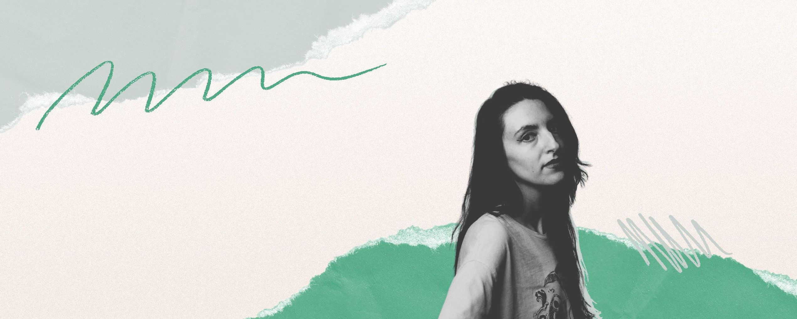 A woman in a grayscale portrait with abstract, layered green and cream backgrounds and squiggly lines.