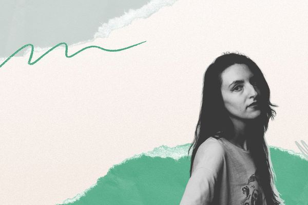 A woman in a grayscale portrait with abstract, layered green and cream backgrounds and squiggly lines.