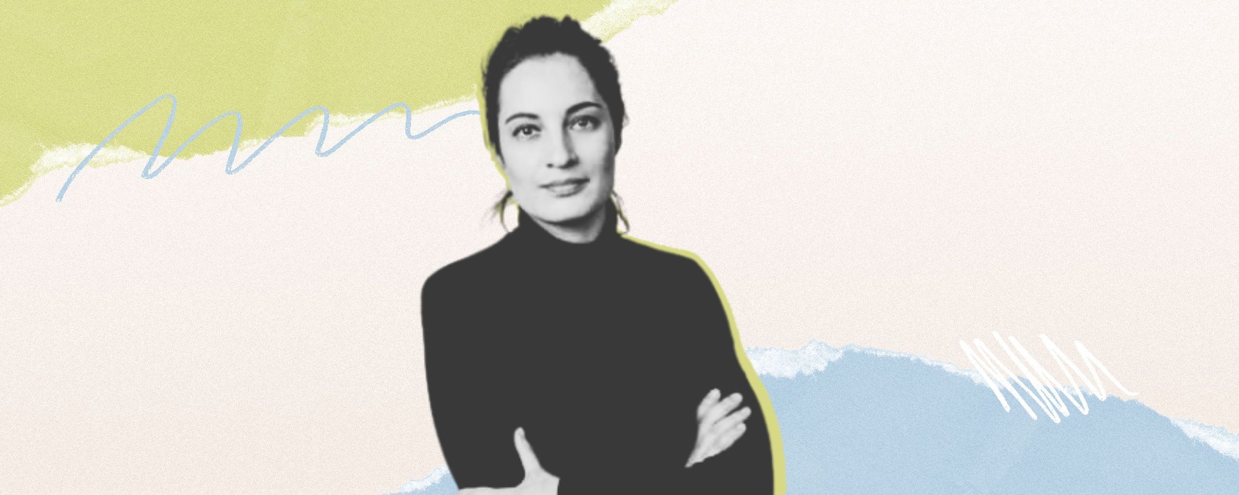 Woman in black turtleneck with arms crossed, set against an abstract pastel background of green, blue, and beige.