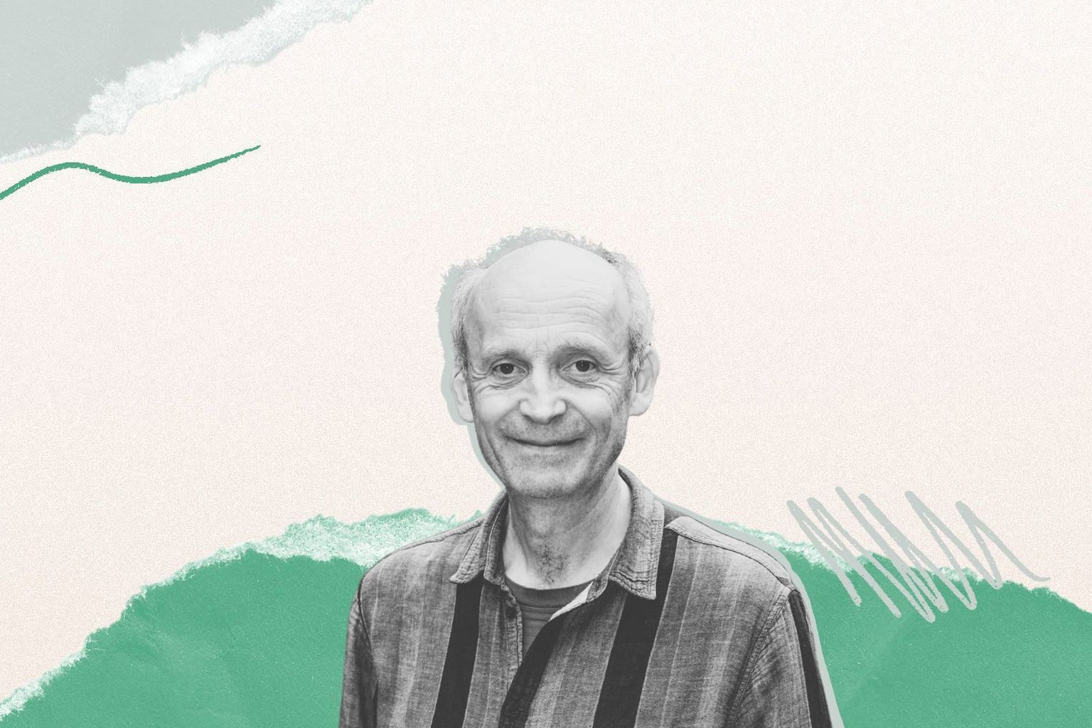 Smiling man with a receding hairline against an abstract background of torn paper textures and green scribbles.