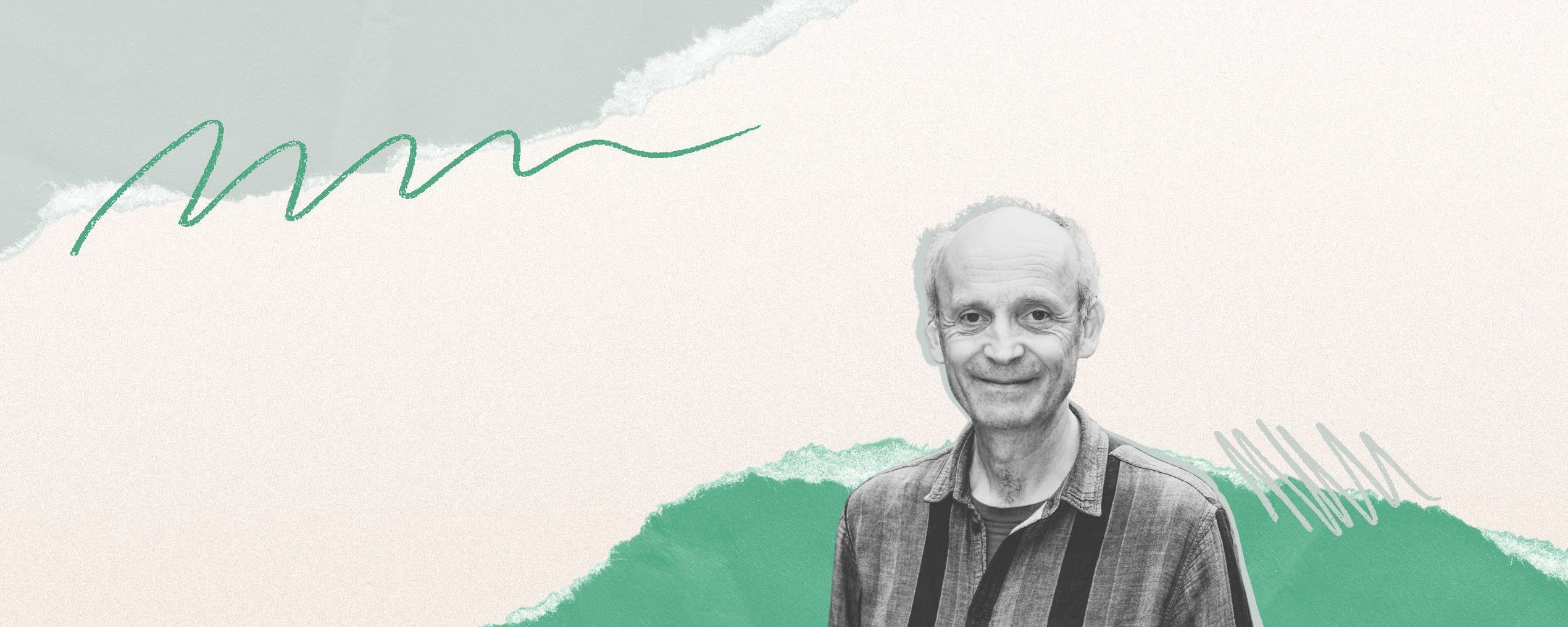 Smiling man with a receding hairline against an abstract background of torn paper textures and green scribbles.