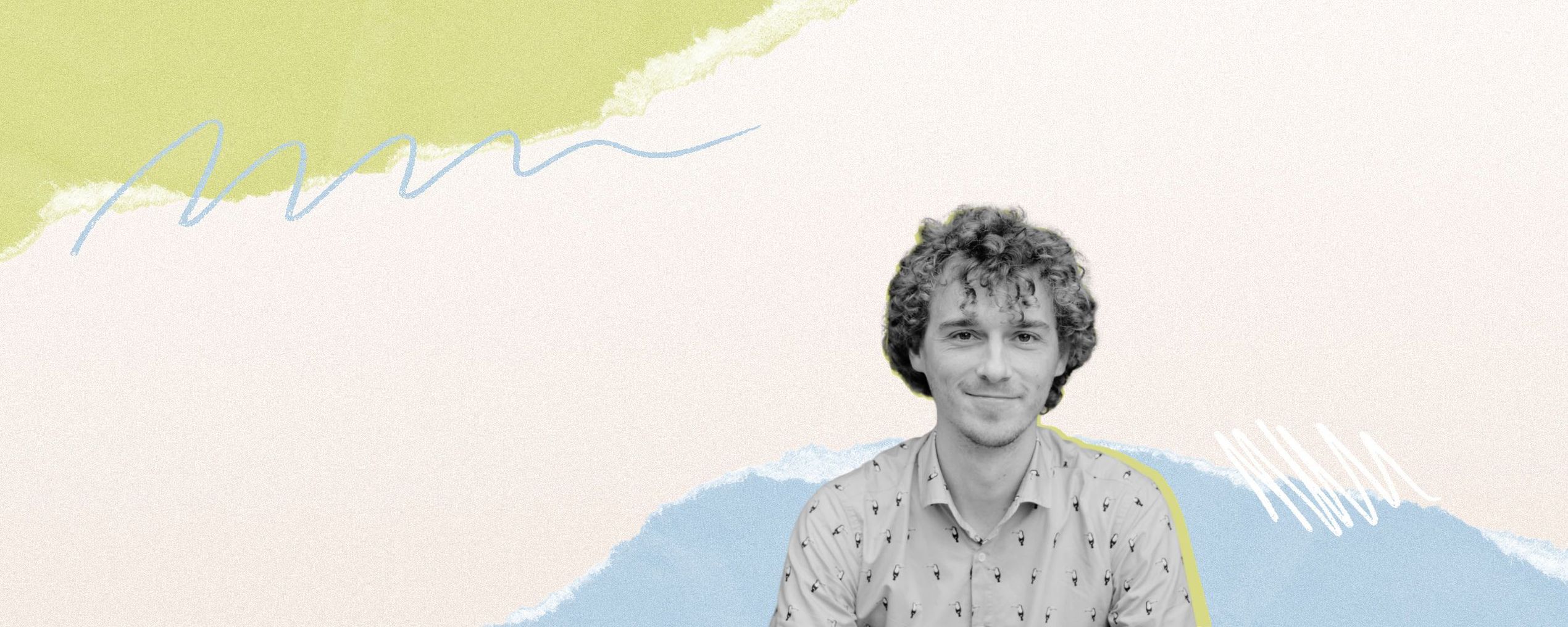 Portrait of a person with curly hair in a patterned shirt on a colorful, abstract background with green, blue, and white brushstrokes.