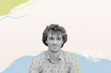 Portrait of a person with curly hair in a patterned shirt on a colorful, abstract background with green, blue, and white brushstrokes.
