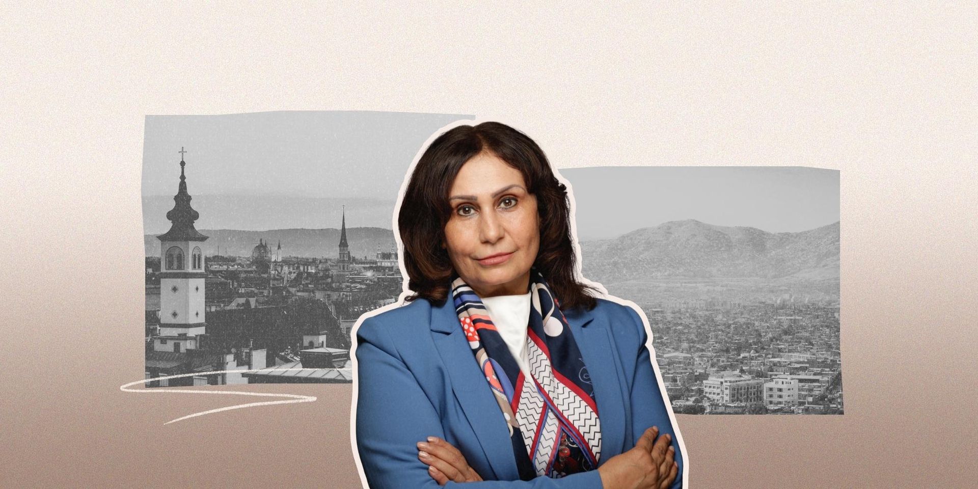 Een collage met een portretfoto van Manizha Bakhtari en zwart-wit beelden van Wenen en Kaboel.