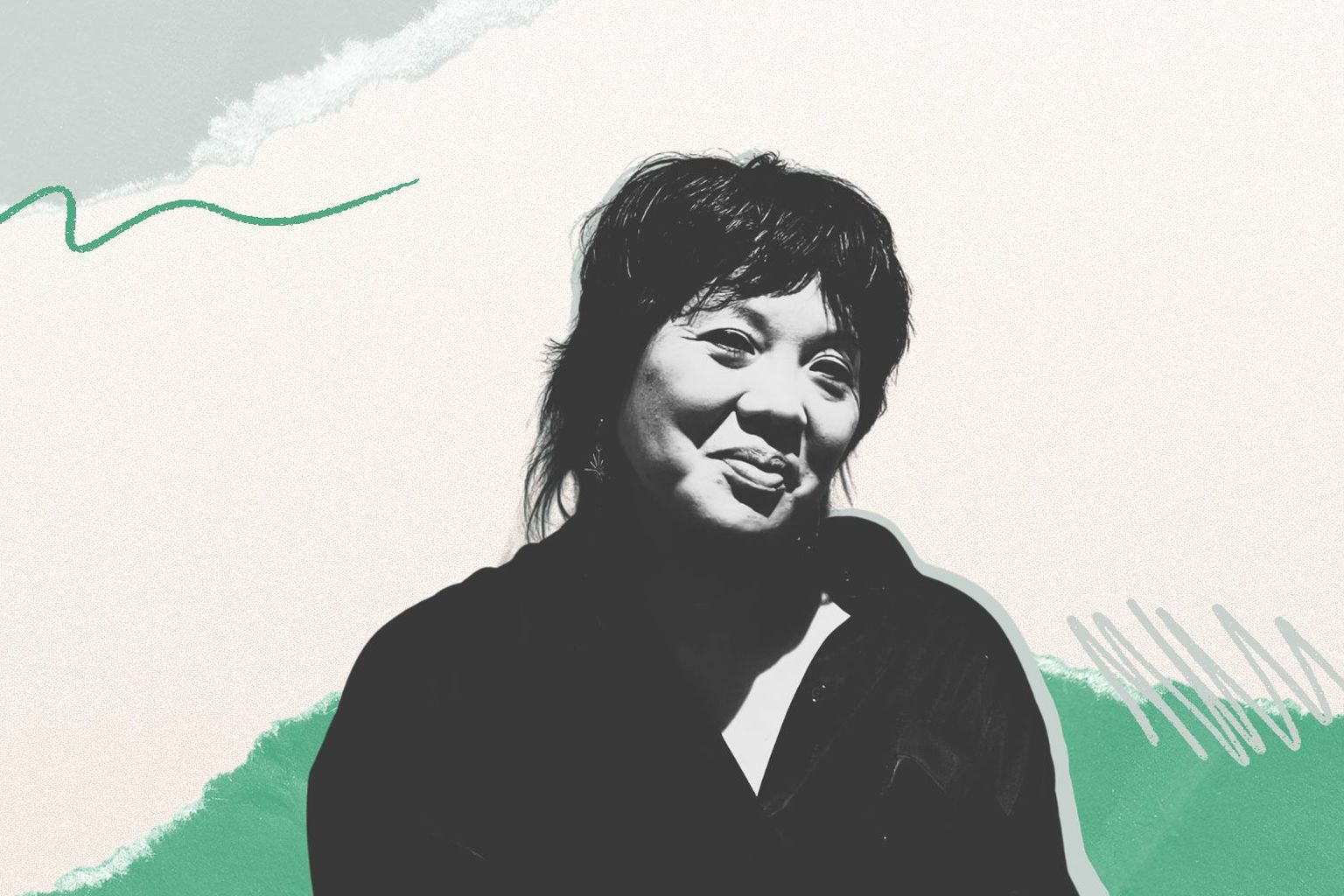 Black and white portrait of a person smiling, set against an abstract pastel background with green accents and wavy lines.