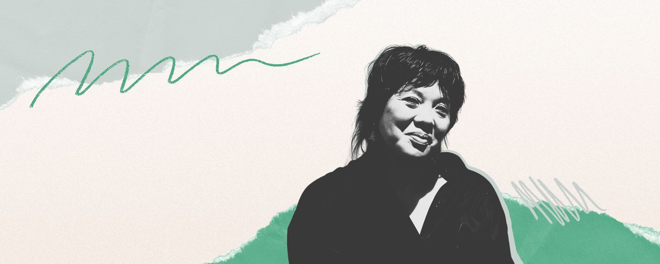 Black and white portrait of a person smiling, set against an abstract pastel background with green accents and wavy lines.