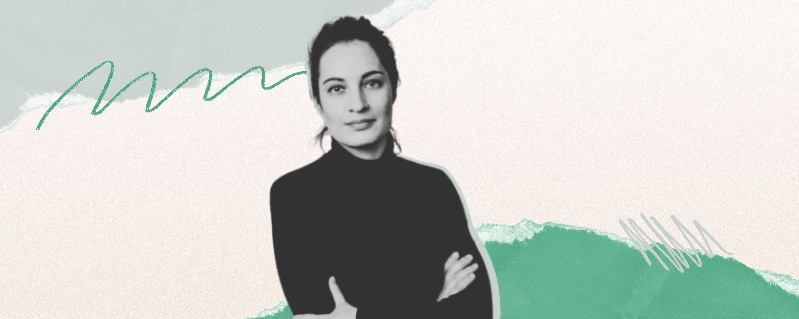 Woman in a black turtleneck with arms crossed, set against a pastel abstract background with green and gray brushstrokes and a beige backdrop.