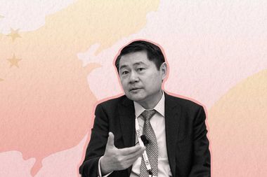 Collage met een foto van Wang Huiyao