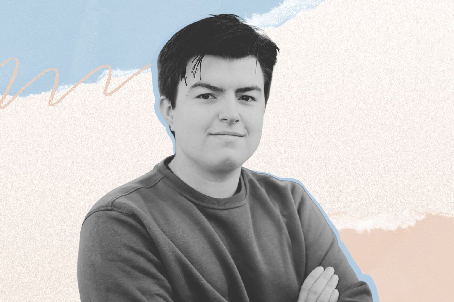 Black and white portrait of a person in a sweatshirt against a pastel abstract background with blue and peach brushstrokes.
