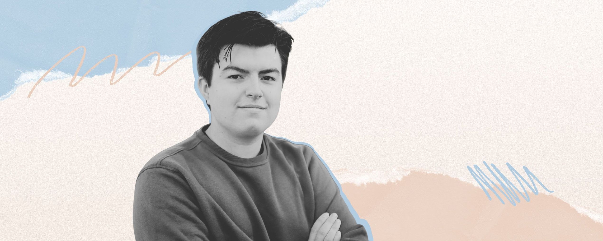 Black and white portrait of a person in a sweatshirt against a pastel abstract background with blue and peach brushstrokes.