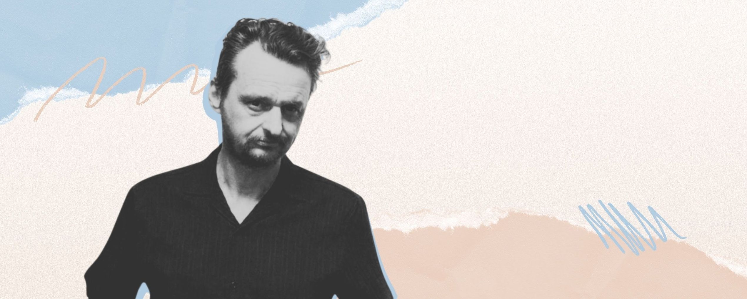 A person in black clothing stands against an abstract background with blue, peach, and white brushstrokes.