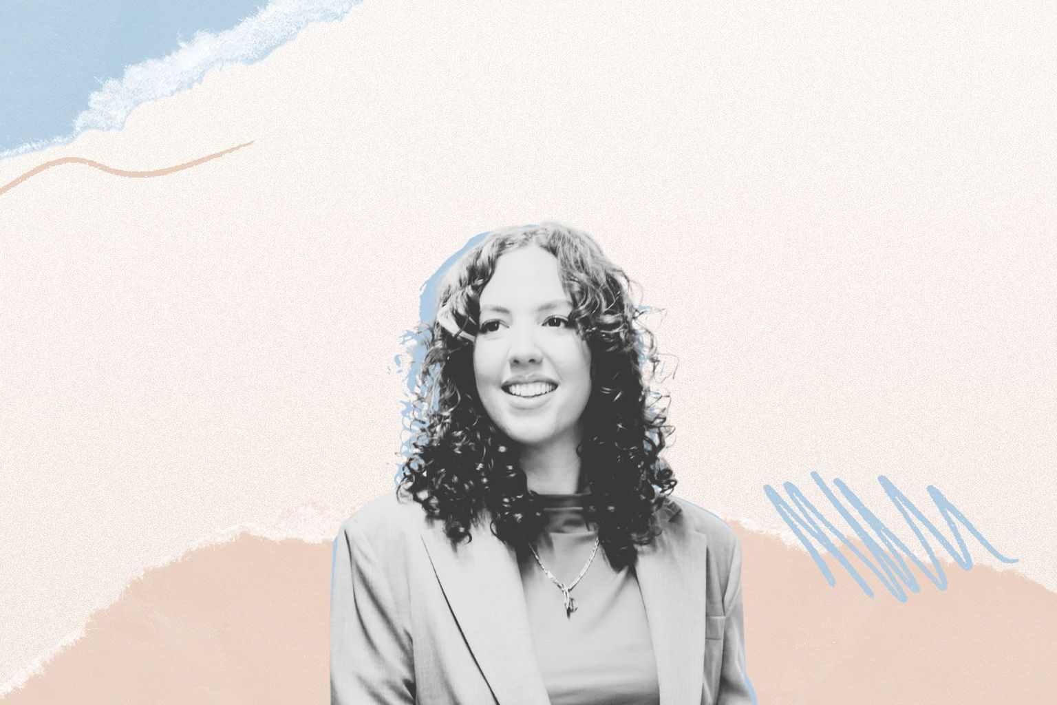 Smiling person with curly hair in a suit, against an abstract pastel-colored background with wavy lines and textured layers.