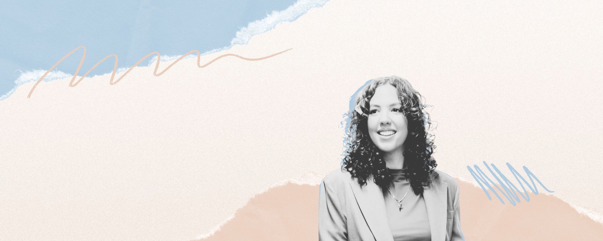 Smiling person with curly hair in a suit, against an abstract pastel-colored background with wavy lines and textured layers.