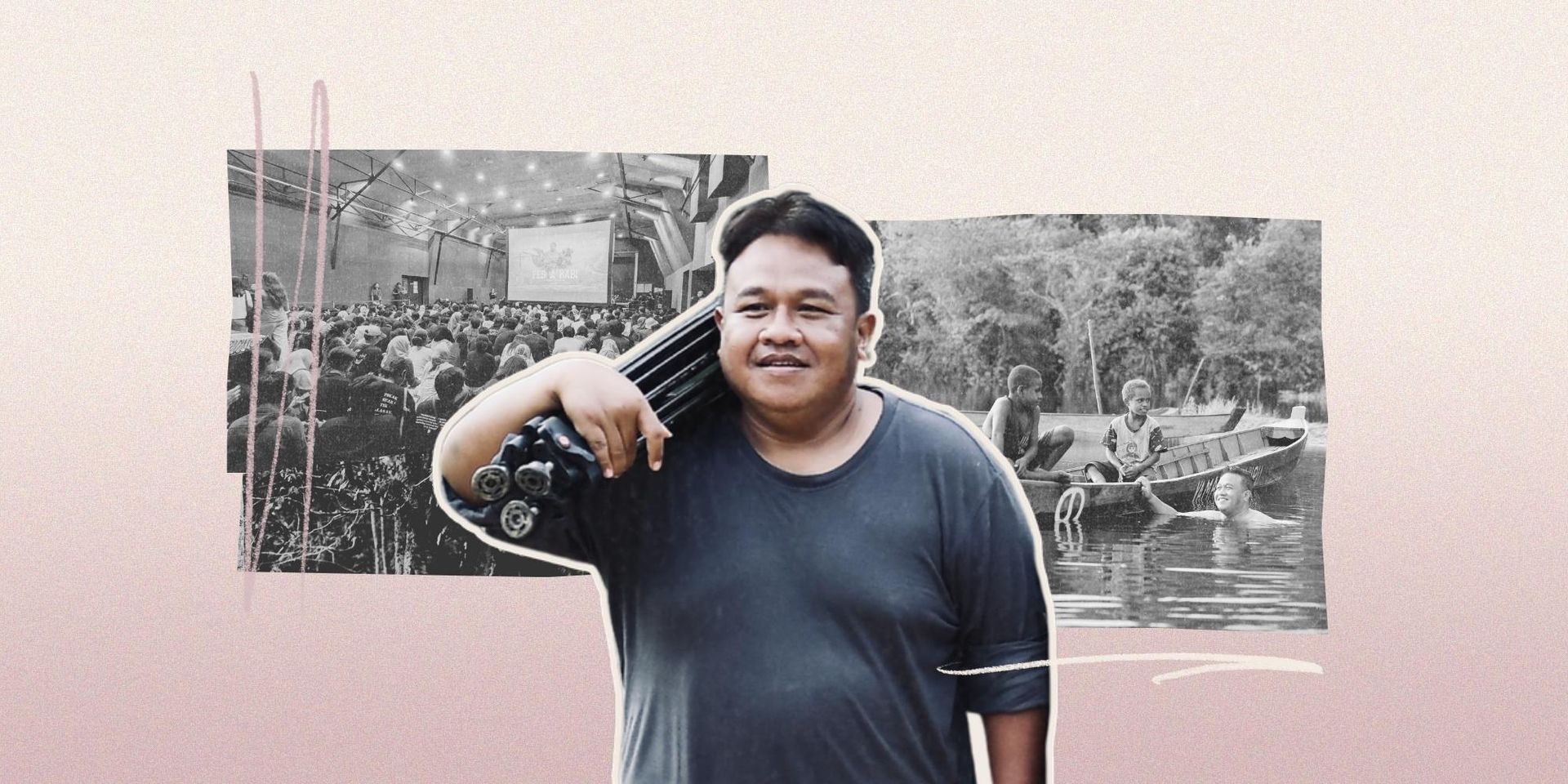 Collage met een foto van regisseur Dandhy Laksono