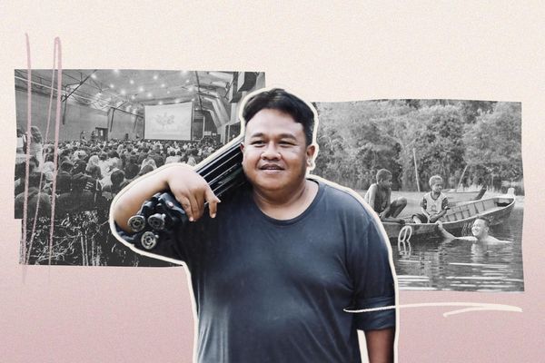 Collage met een foto van regisseur Dandhy Laksono