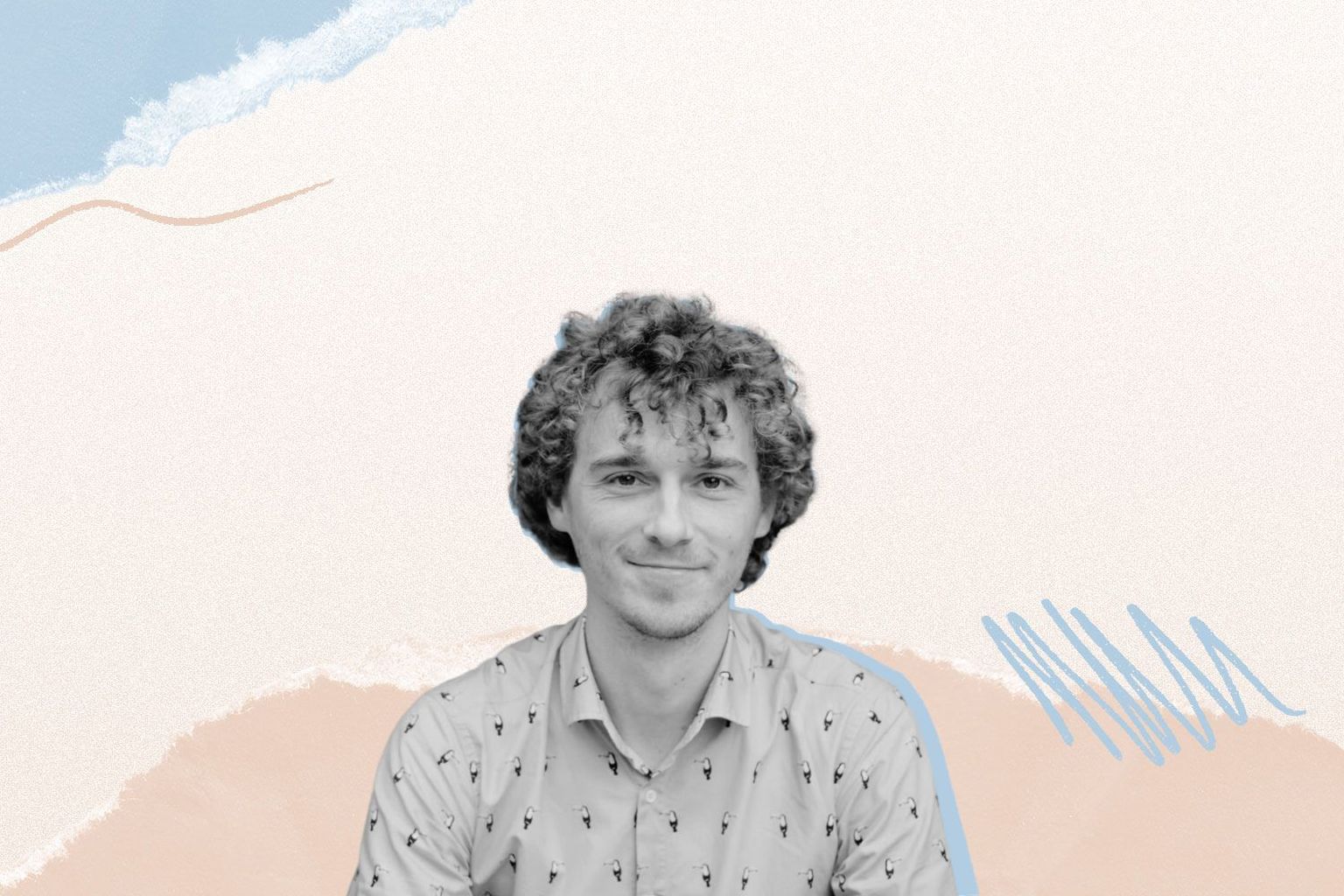 A man with curly hair smiles against an abstract background with wavy blue and beige patterns.