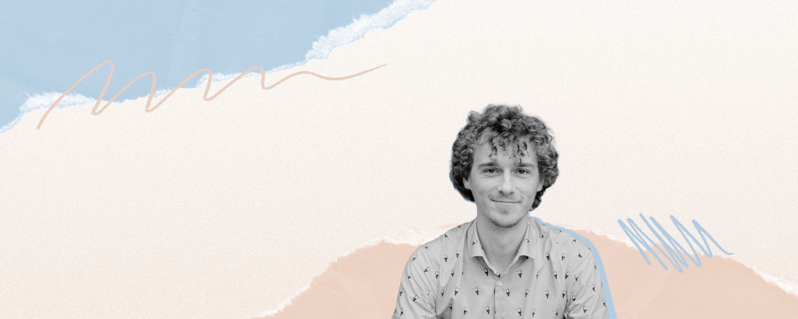 A man with curly hair smiles against an abstract background with wavy blue and beige patterns.