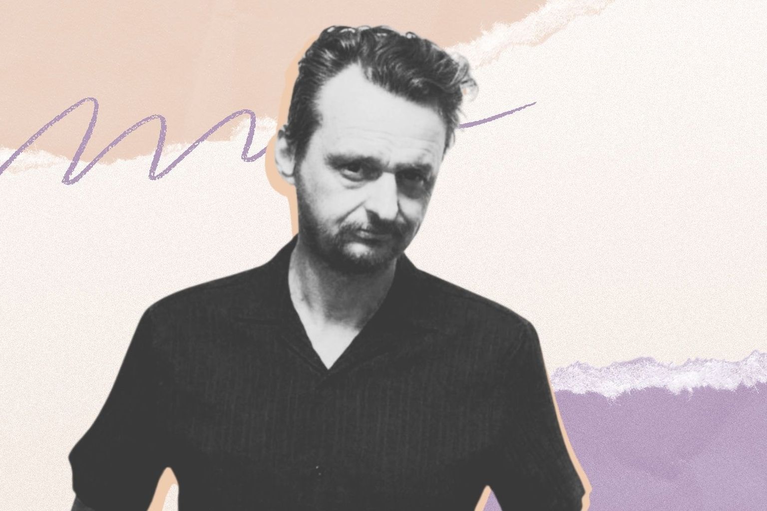 Man in a black shirt with a neutral expression stands against an abstract pastel background with scribbles and torn paper textures.