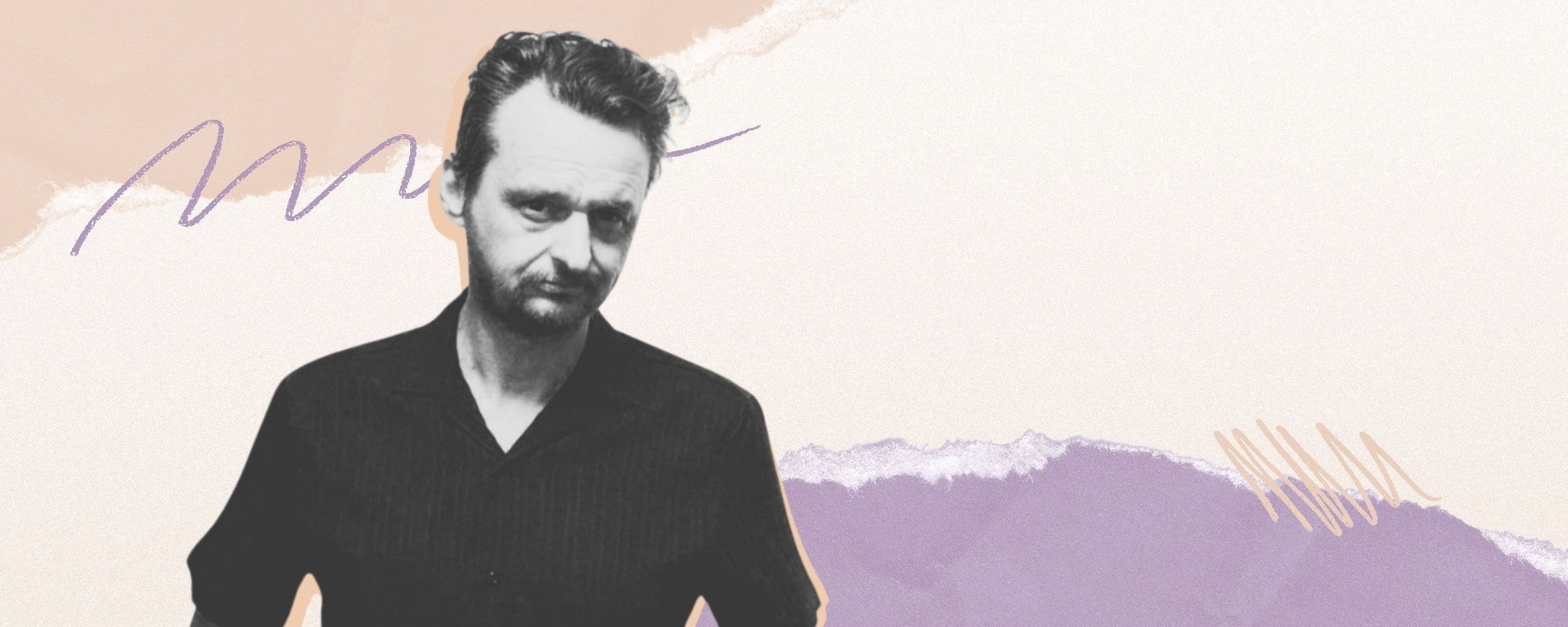 Man in a black shirt with a neutral expression stands against an abstract pastel background with scribbles and torn paper textures.