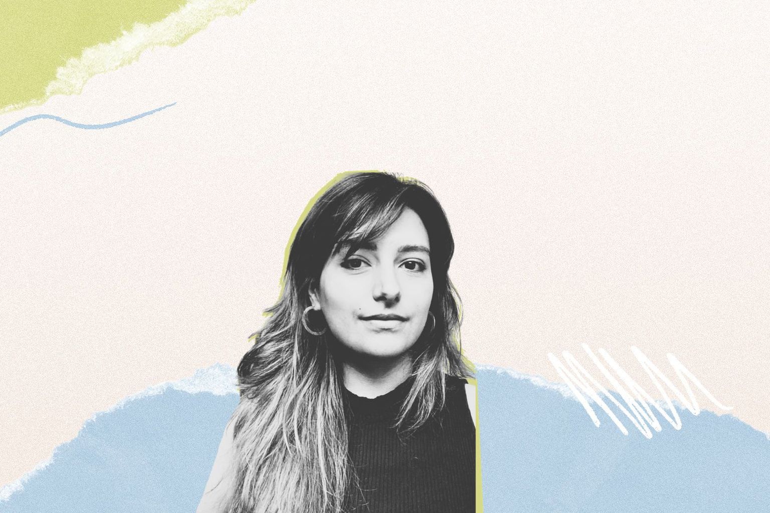 Black and white portrait of a woman on a colorful abstract background with green, blue, and cream tones featuring scribbles and brushed textures.