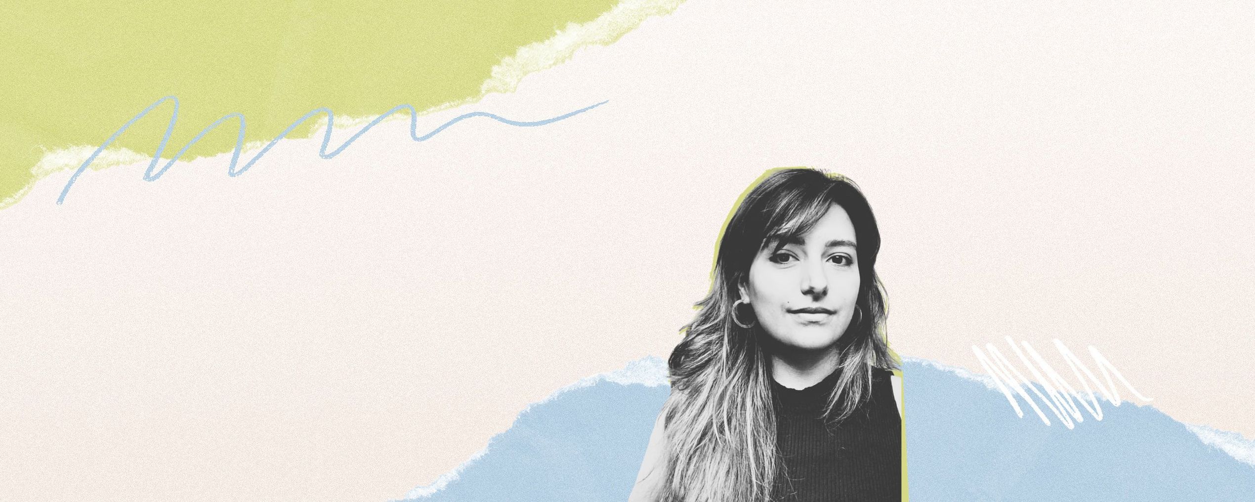 Black and white portrait of a woman on a colorful abstract background with green, blue, and cream tones featuring scribbles and brushed textures.
