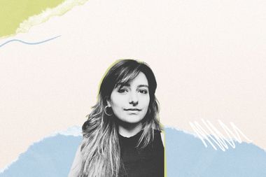 Black and white portrait of a woman on a colorful abstract background with green, blue, and cream tones featuring scribbles and brushed textures.