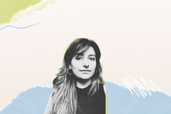 Black and white portrait of a woman on a colorful abstract background with green, blue, and cream tones featuring scribbles and brushed textures.