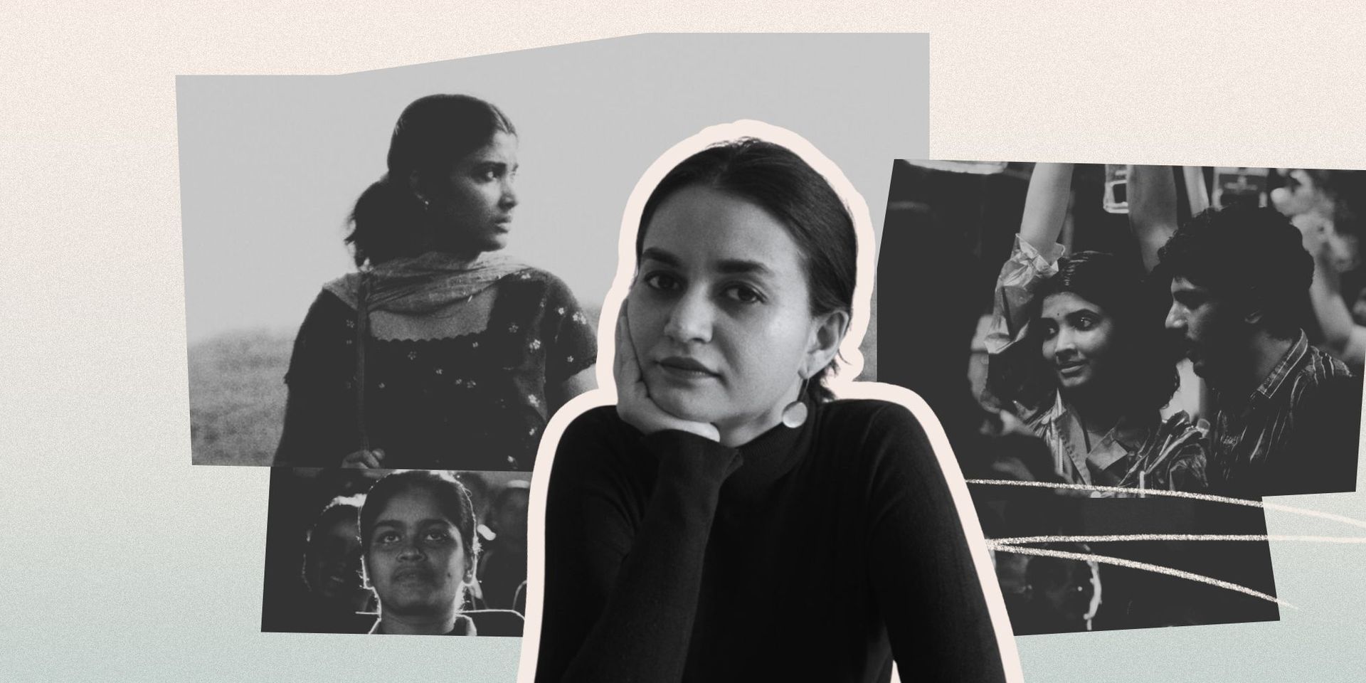 A woman in a black top poses with her hand on her chin, with black and white photos of people in the background.