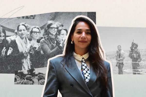 Collage met portretfoto van Noura Erakat