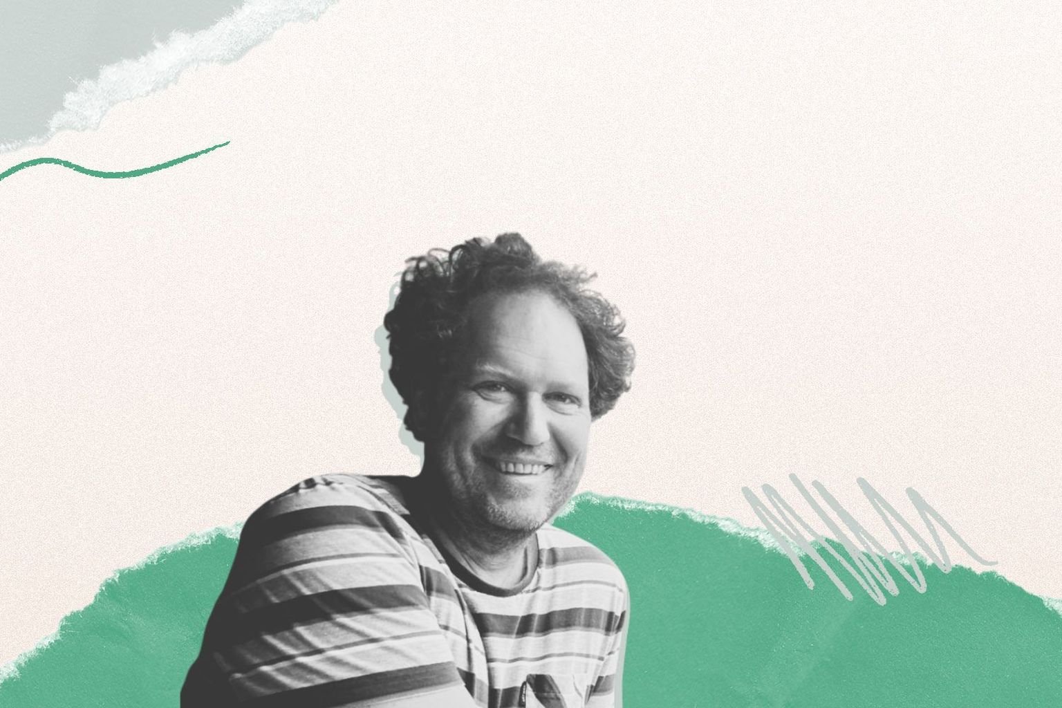 Smiling person in a striped shirt against a textured background with green abstract shapes and squiggly lines.