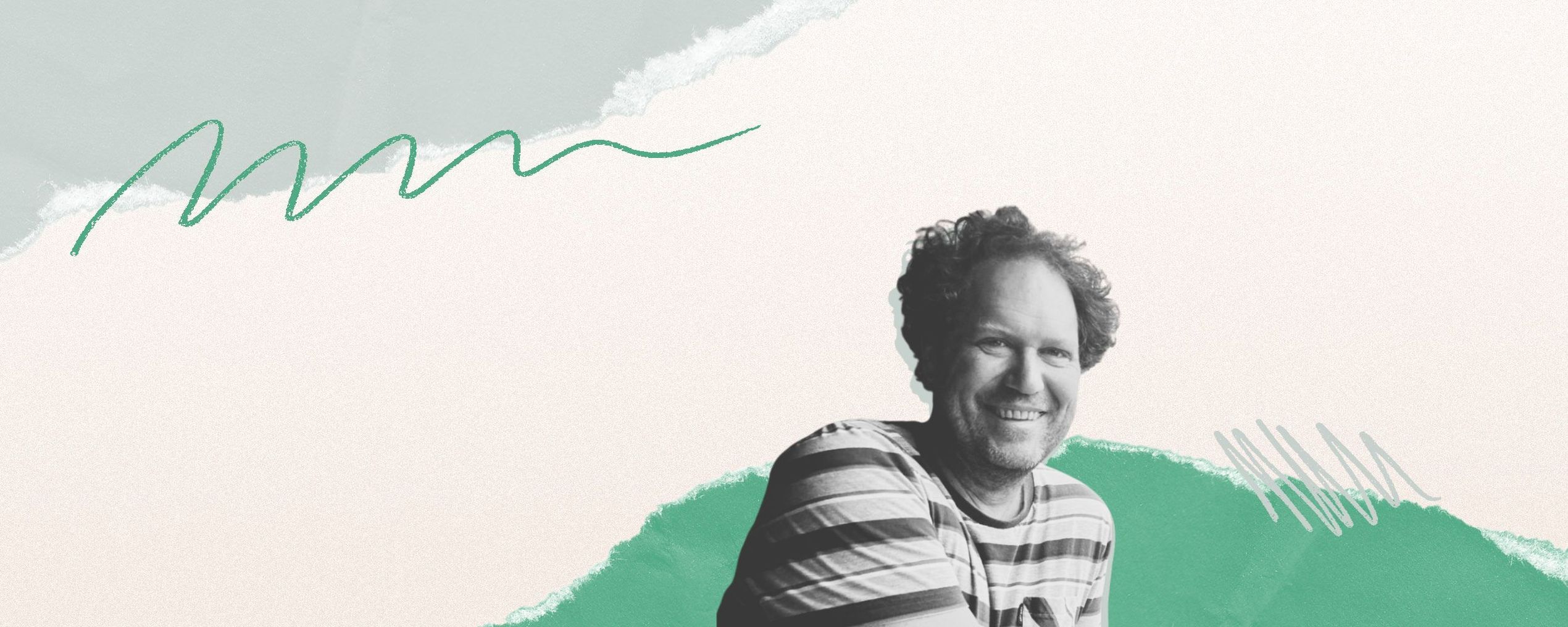 Smiling person in a striped shirt against a textured background with green abstract shapes and squiggly lines.
