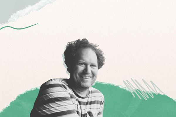 Smiling person in a striped shirt against a textured background with green abstract shapes and squiggly lines.