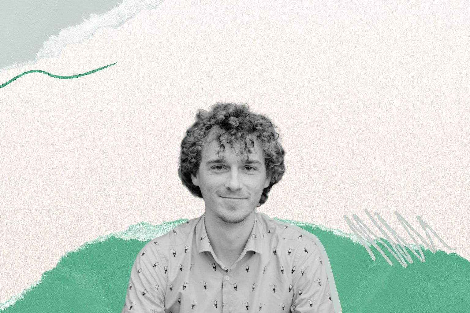 Man with curly hair wearing a patterned shirt, set against an abstract pastel backdrop with wavy lines and torn paper texture.