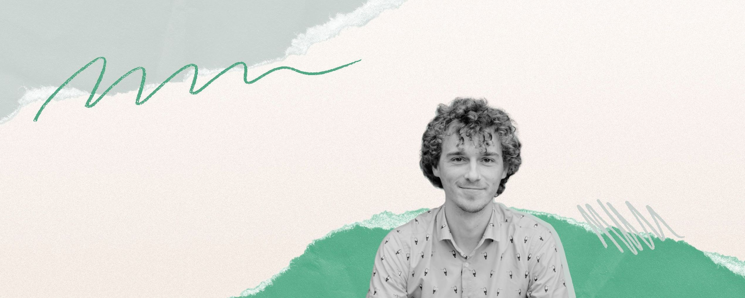 Man with curly hair wearing a patterned shirt, set against an abstract pastel backdrop with wavy lines and torn paper texture.