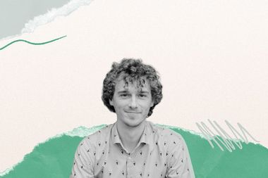 Man with curly hair wearing a patterned shirt, set against an abstract pastel backdrop with wavy lines and torn paper texture.