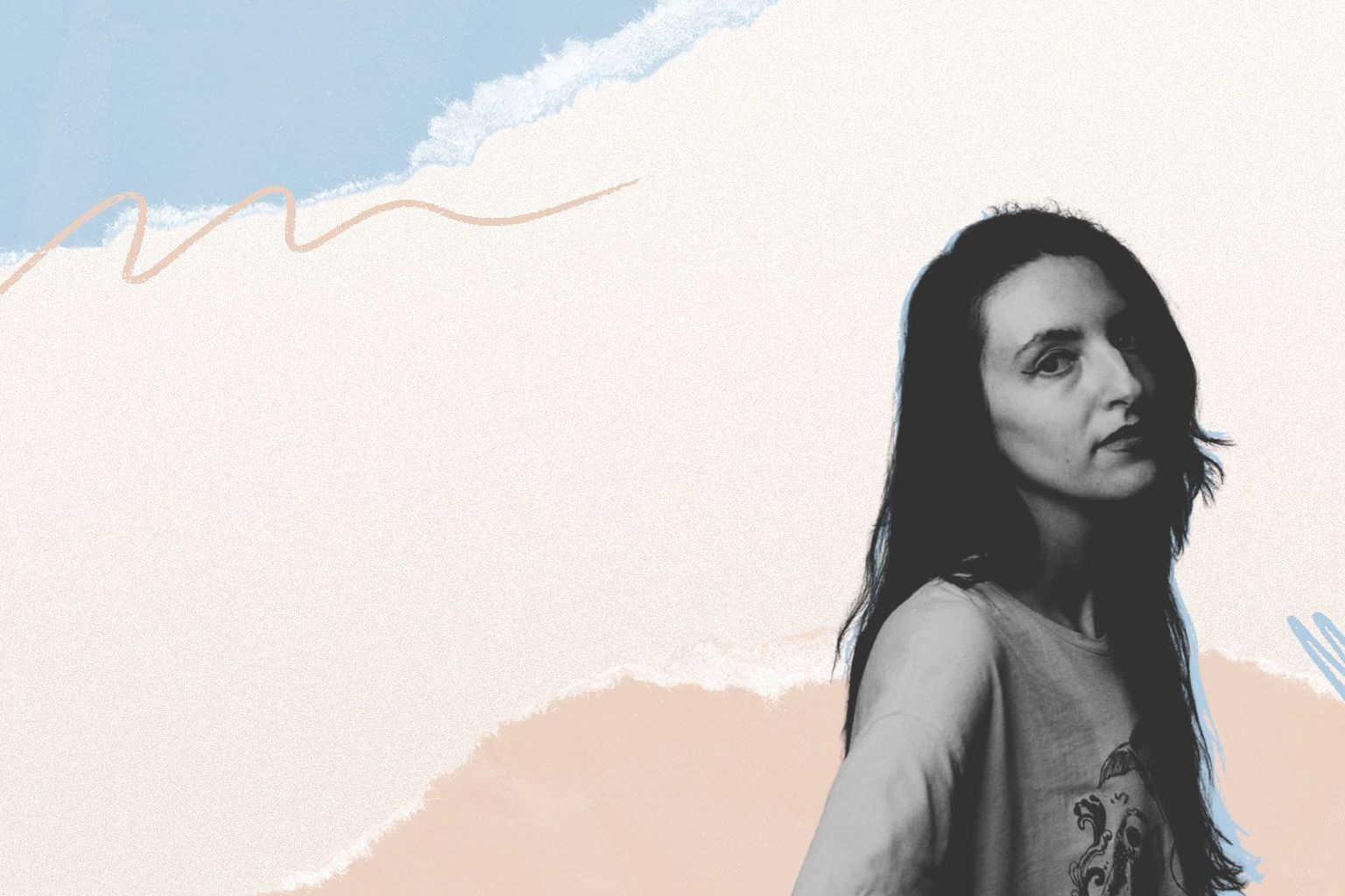 Monochrome portrait of a woman in front of an abstract pastel background with blue and beige swirls.