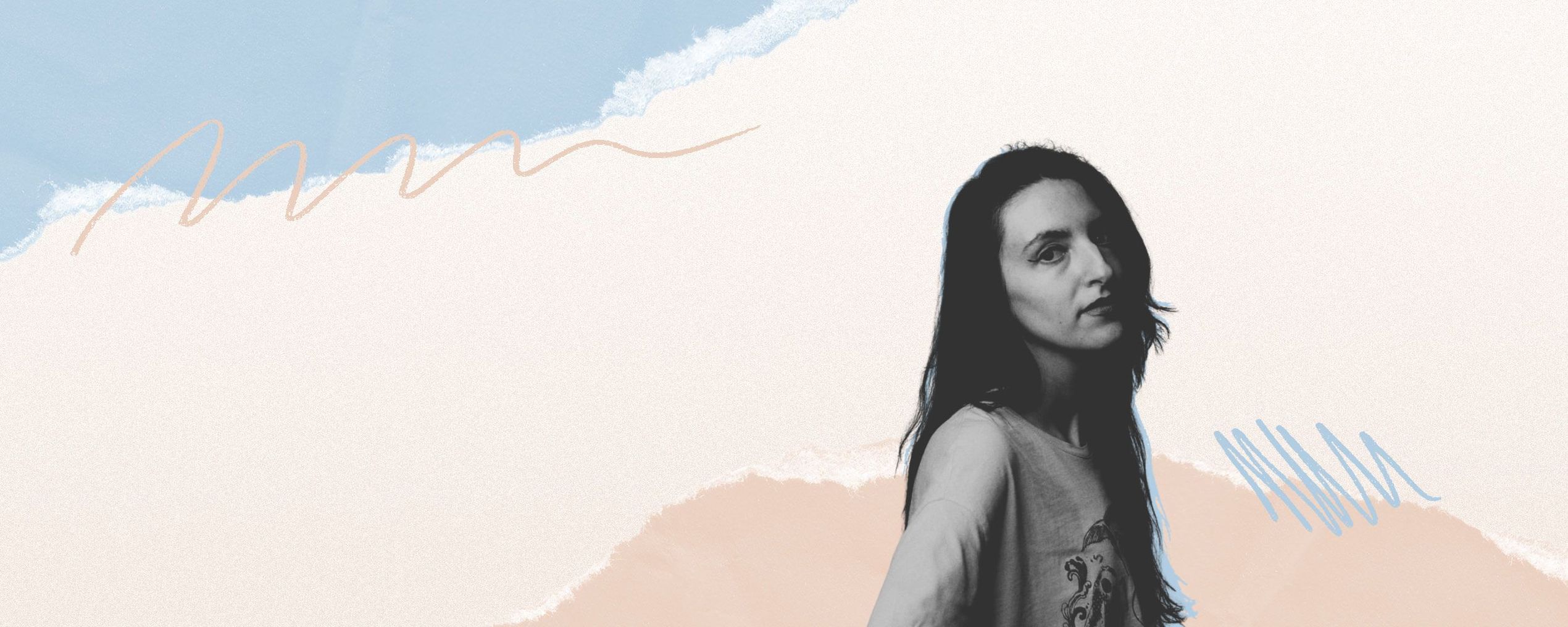 Monochrome portrait of a woman in front of an abstract pastel background with blue and beige swirls.