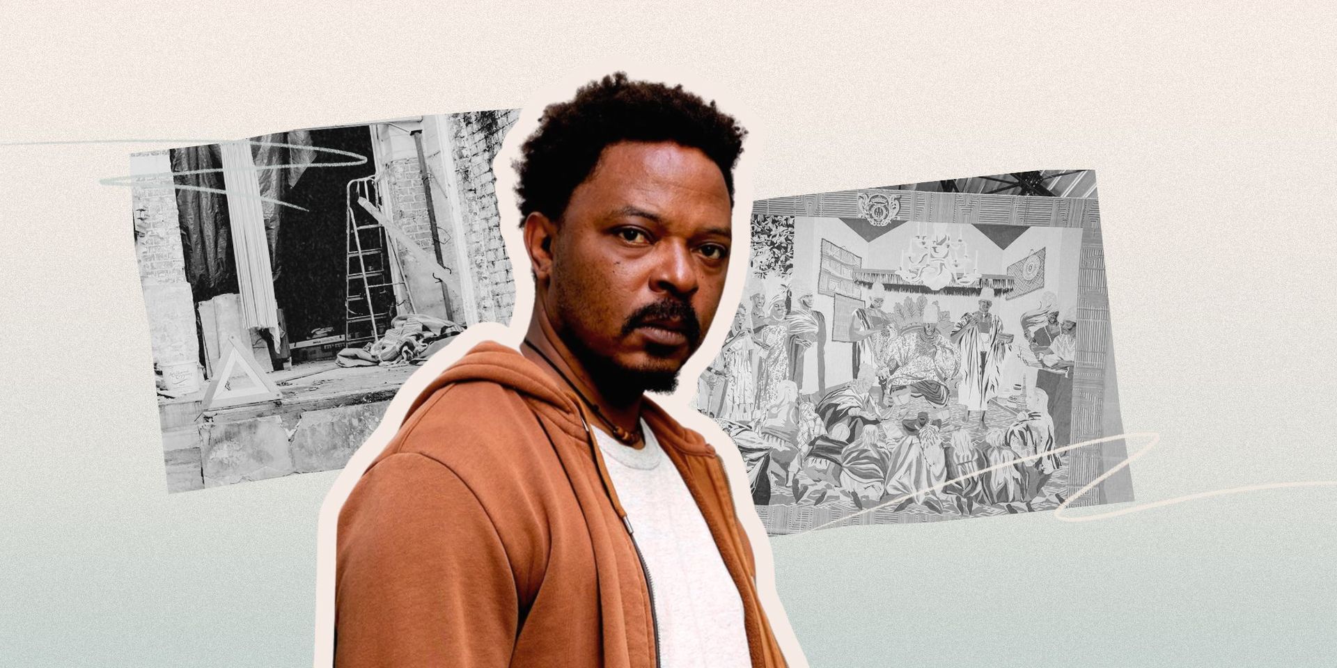 A person in a brown hoodie stands in front of two monochrome art pieces on a light background.