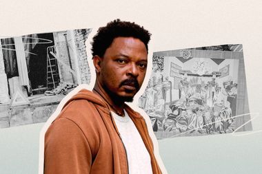 A person in a brown hoodie stands in front of two monochrome art pieces on a light background.