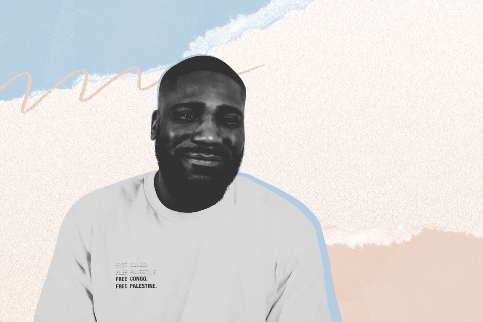 Smiling bearded man in a white T-shirt reading "FREE CONGO. FREE PALESTINE." on a textured pastel torn-paper background.