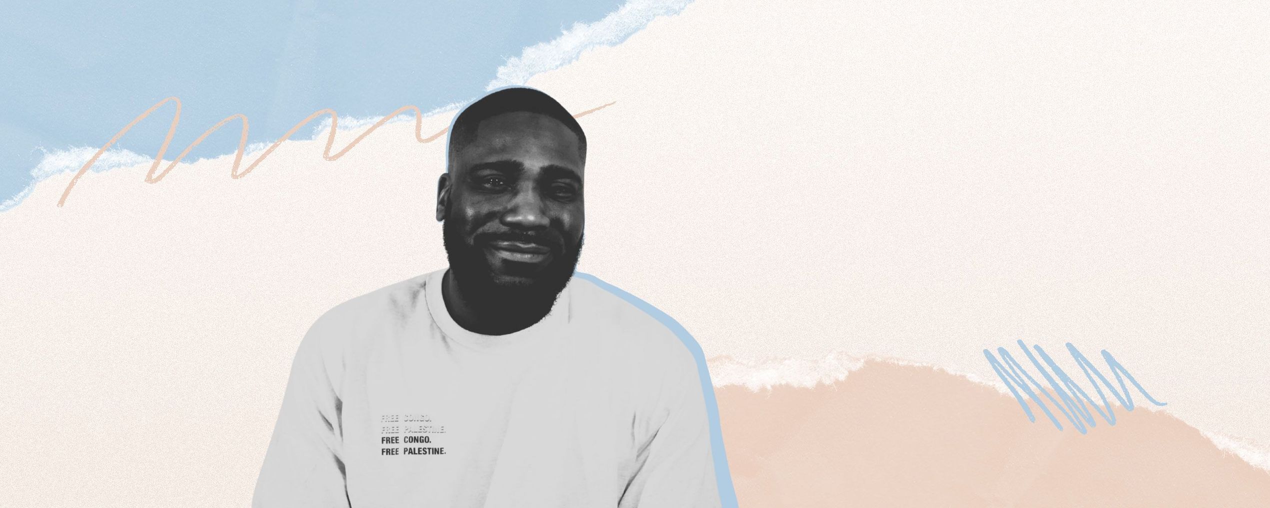 Smiling bearded man in a white T-shirt reading "FREE CONGO. FREE PALESTINE." on a textured pastel torn-paper background.