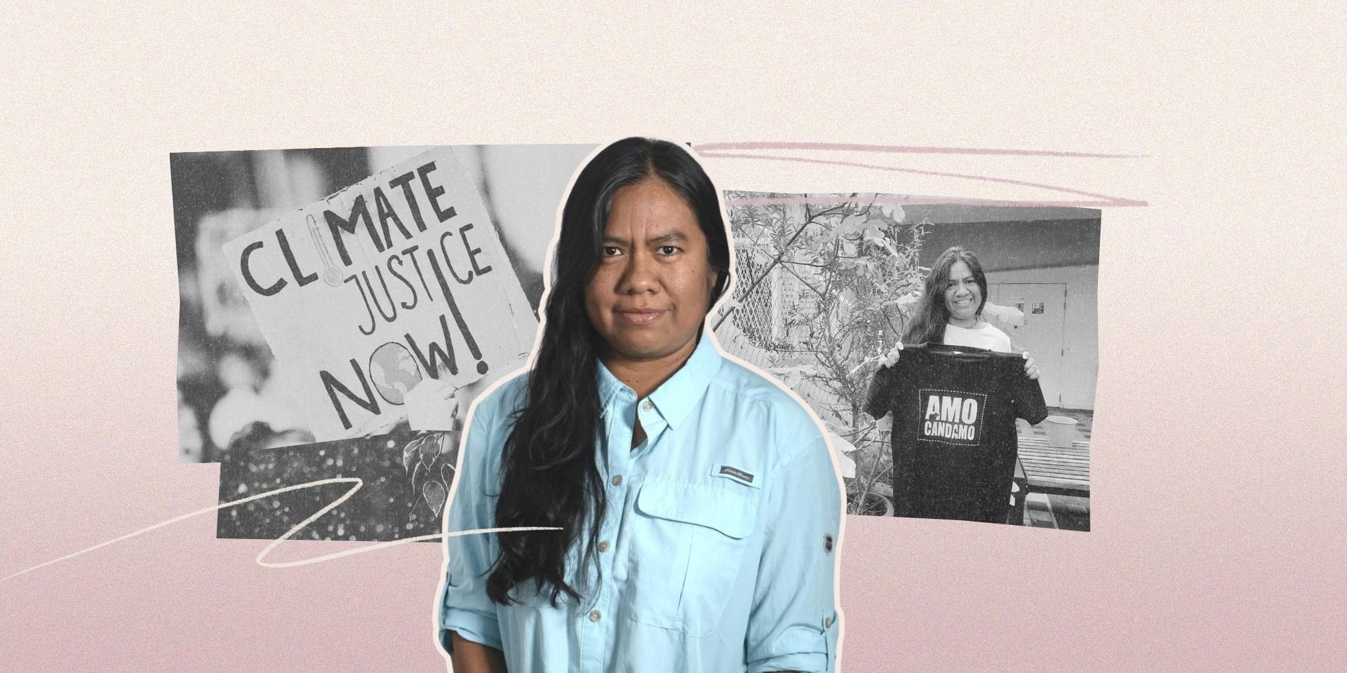 Een collage van foto's, met juriste Vanessa Cueto, een pancarte met de boodschap "Climate Justice Now!" en Vanessa die poseert met een T-shirt.